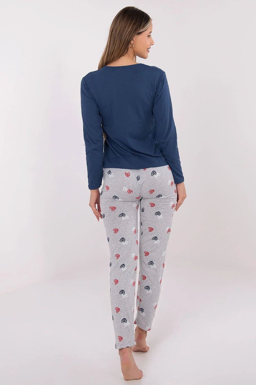pyjama femme deux pièces coton doux respirant manches longues col rond bleu marine haut cœur imprimé pantalon gris chiné élastique