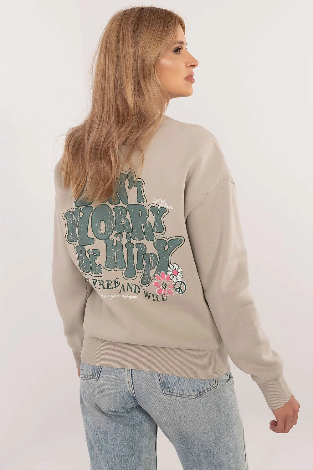 Sweatshirt Sublevel pour femme beige graphiques fleurs manches longues encolure ronde coton polyester
