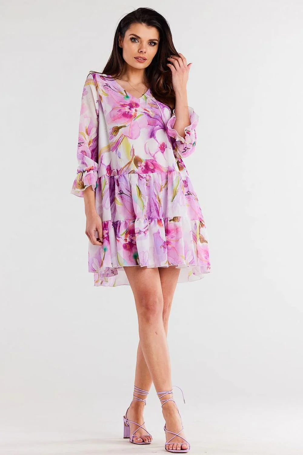 robe awama mousseline polyester floral imprimé aquarelle rose lilas vert blanc coupe trapèze volants superposés manches bouffantes décolleté V