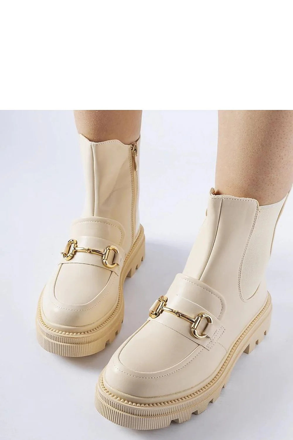 Bottines pour femmes modernes élégantes couleur beige cuir synthétique zip latéral design biker loafer occasion quotidienne soirées