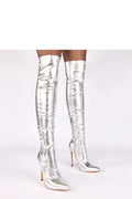 bottes cuissardes argentées miroir cuir synthétique ajustées bout pointu élancé talon aiguille haut tige 53cm fermeture éclair glam sensuelle audacieuse