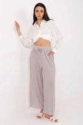 pantalon ample femme Sublevel taille haute plissé polyester gris clair palazzo fluide longueur cheville élastique cordon décoratif perles poches latérales
