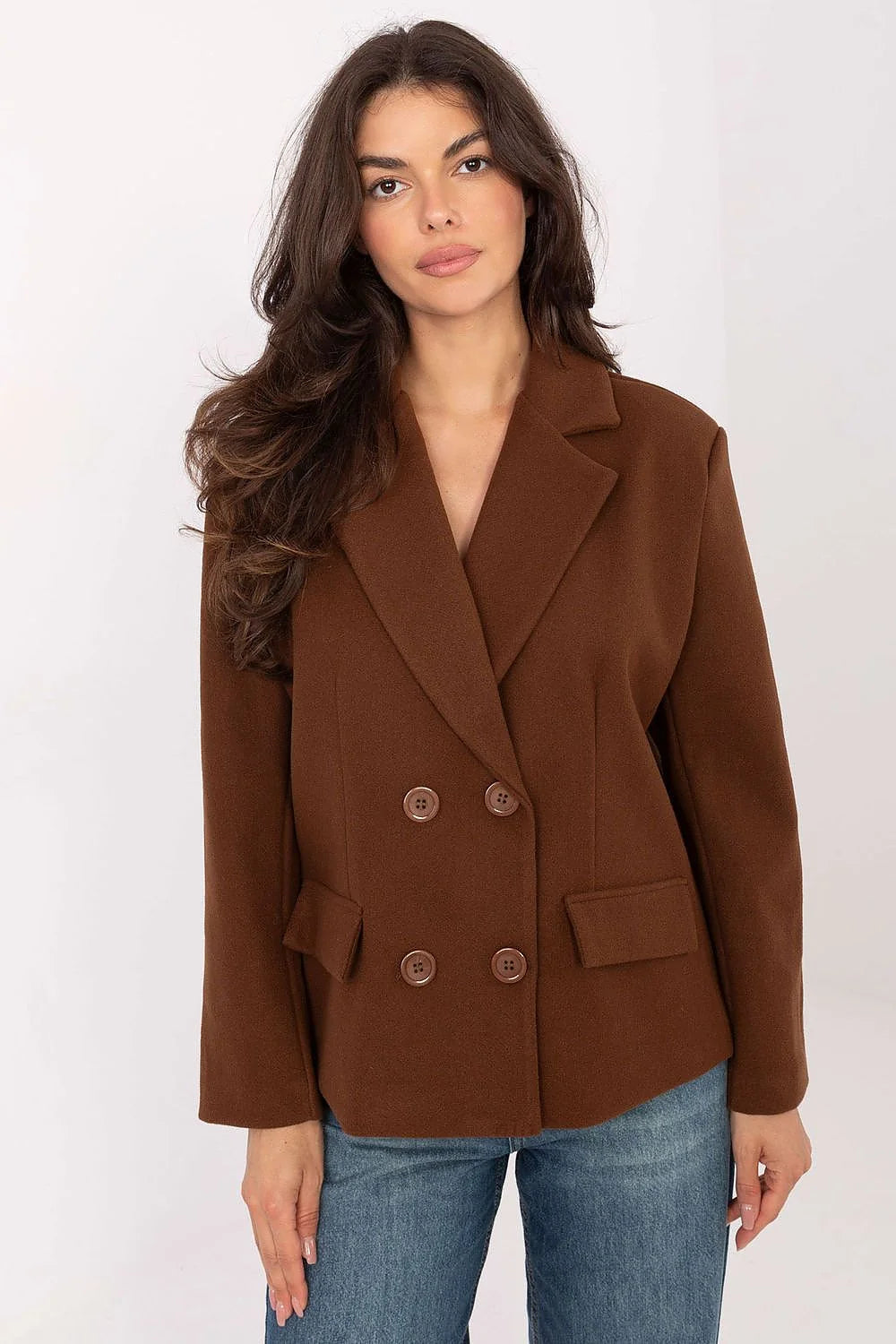 manteau femme blazer court double boutonnage marron chocolat lainage col tailleur structuré coupe boxy manches longues poches polyester