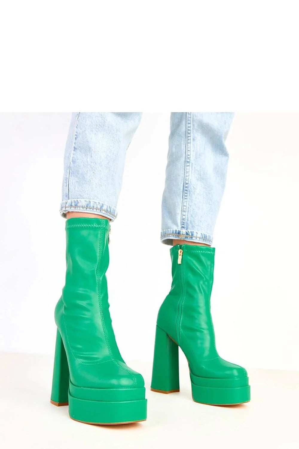 bottines femme mi mollet plateforme 5cm talon bloc 15cm bout arrondi cuir synthétique verni vert émeraude zip latéral