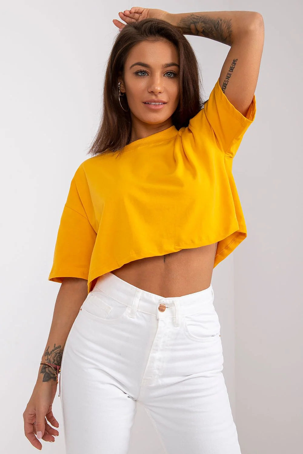 T-shirt crop blanc femme mode élégant tendance coton 90% élasthanne 10% coupe ample manches courtes