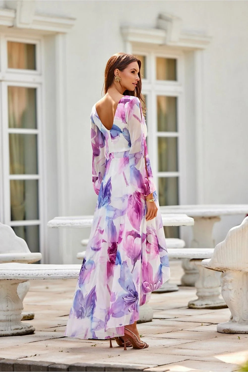 Robe de jour Roco Fashion asymétrique longue manches transparentes floral pastel décolleté cache-cœur taille ajustable femme