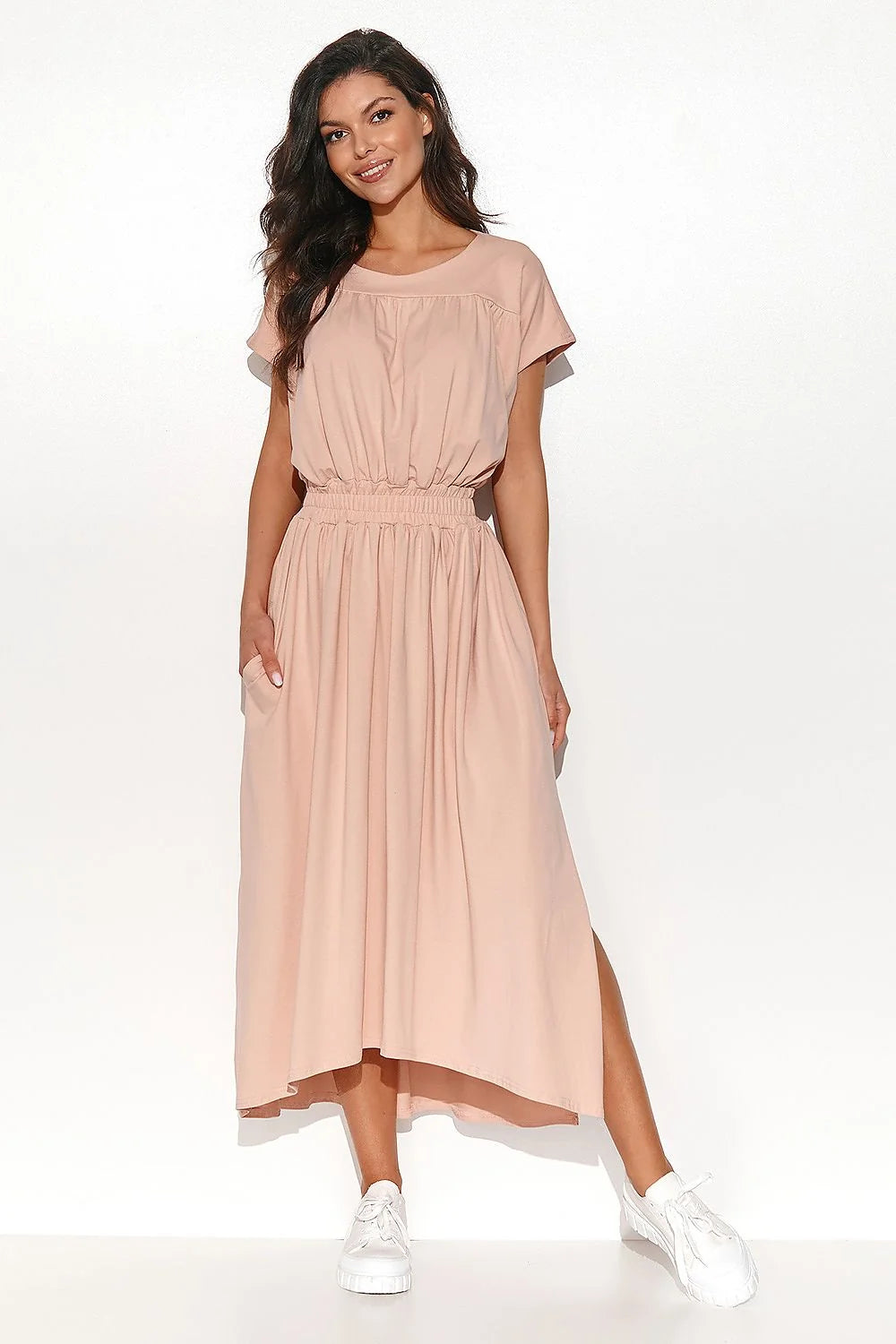 Robe de jour élégante asymétrique en maille longue manches courtes encolure ronde taille élastique poches latérales femme