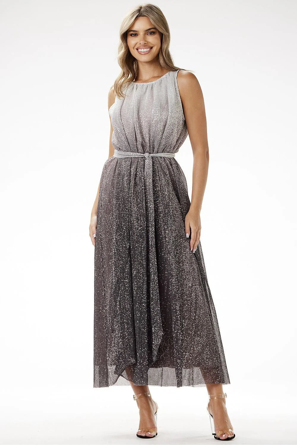 Robe de soirée élégante longue sans manches effet ombre argenté noir tissu synthétique ceinture asymétrique femme occasions spéciales