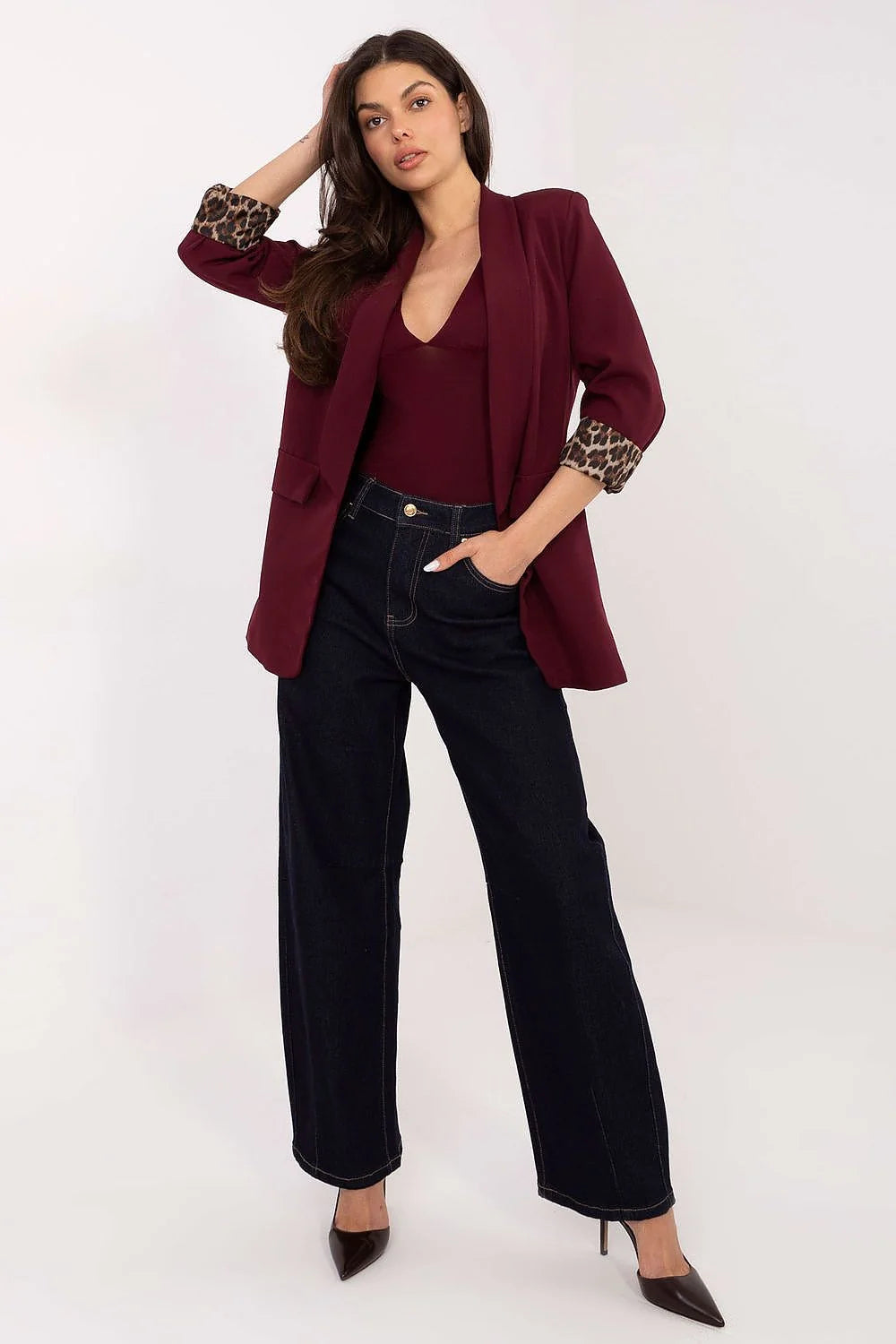 chemisier ItalyModa ajusté élégant longueur nylon élasthanne stretch lisse manches longues ouvertures pouces bonnets cousus renforcés décolleté plongeant plis stratégiques