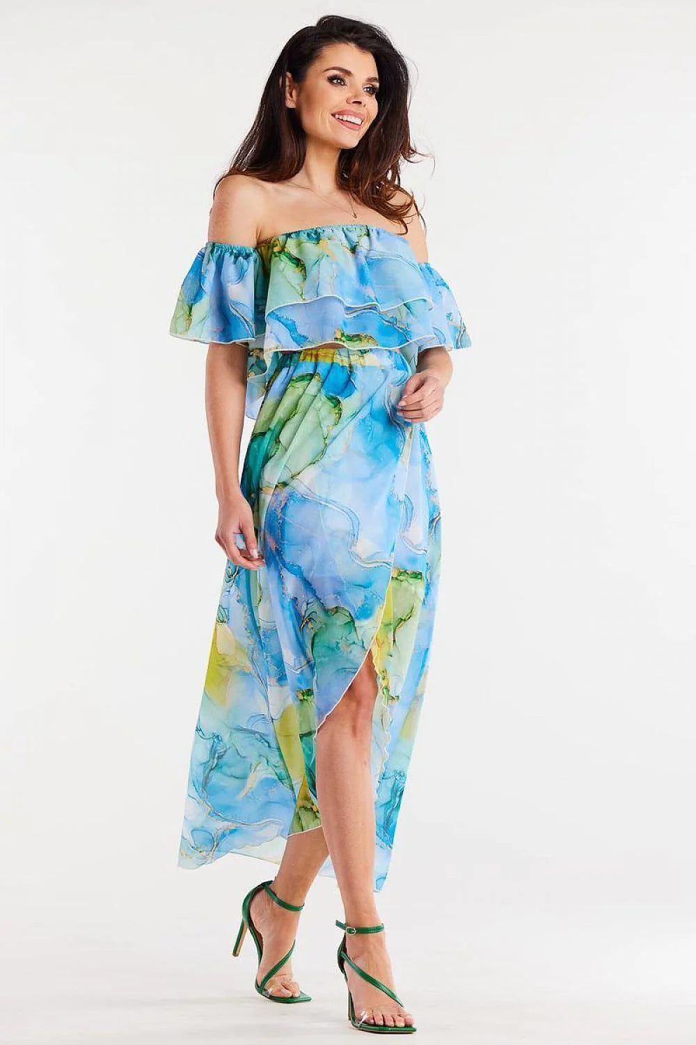 Jupe longue asymétrique en mousseline de soie style bohème encolure Bardot manches volant motif aquarelle polyester 100% taille ajustable femme été