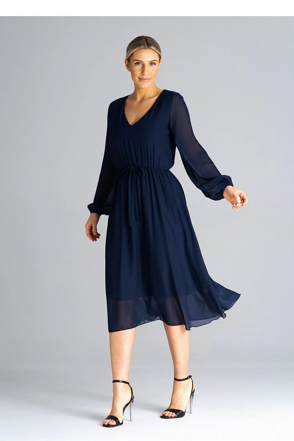 Robe de jour élégante en georgette bleu marine manches longues encolure V taille ajustable pour femme