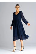 Robe de jour élégante en georgette bleu marine manches longues encolure V taille ajustable pour femme