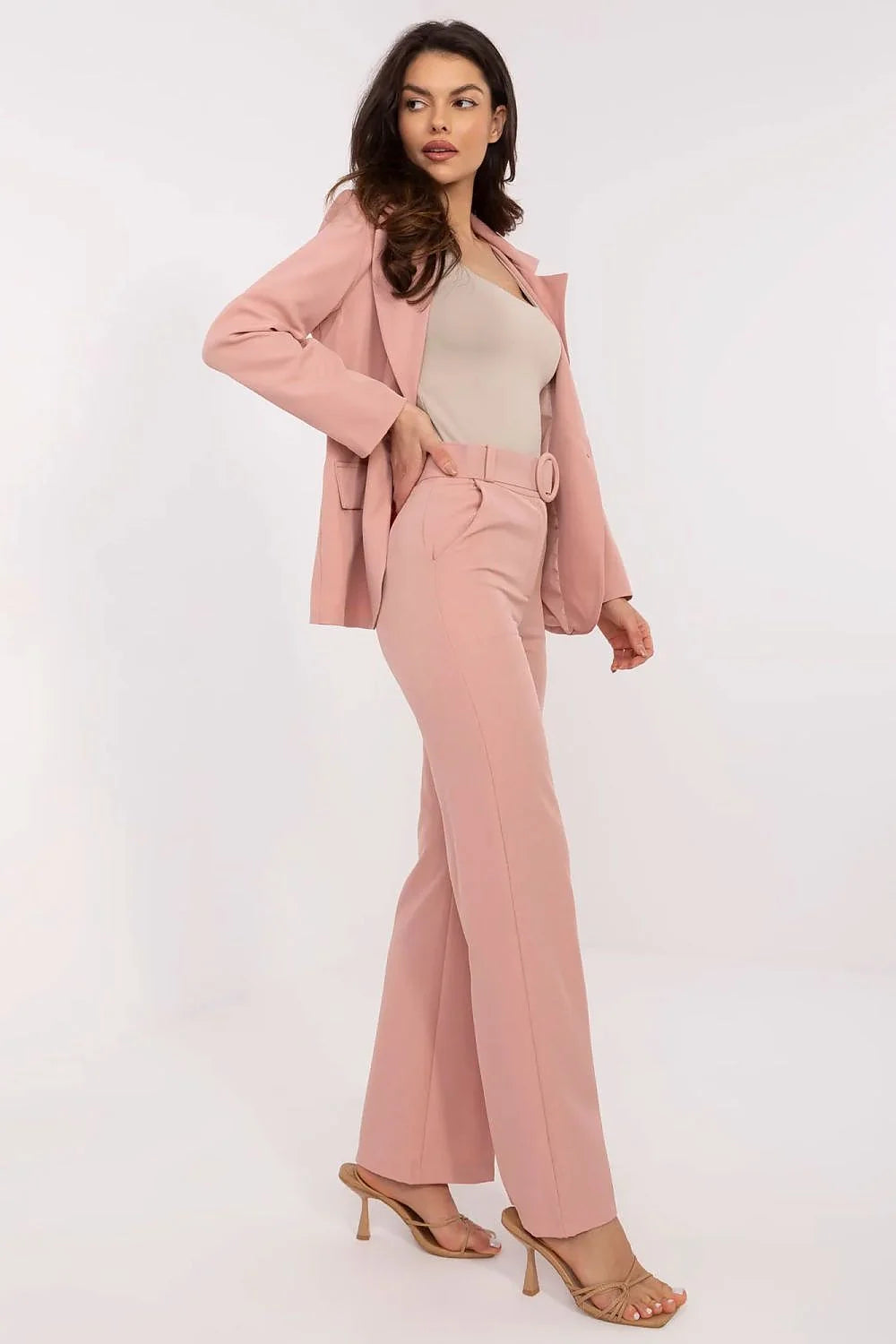 Pantalon femme Italy Moda ensemble blazer pantalon rose poudré taille haute jambe large style élégant occasion formelle