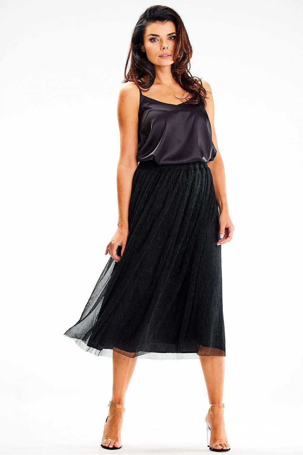 jupe midi Awama plissée maille scintillante satinée doublée taille élastique volume fluide noire élégante sophistiquée soirée chic