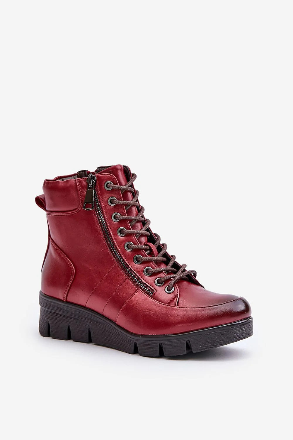 Bottes en cuir rouge style combat femmes lacing métallique fermeture éclair plateforme talon compensé automne hiver