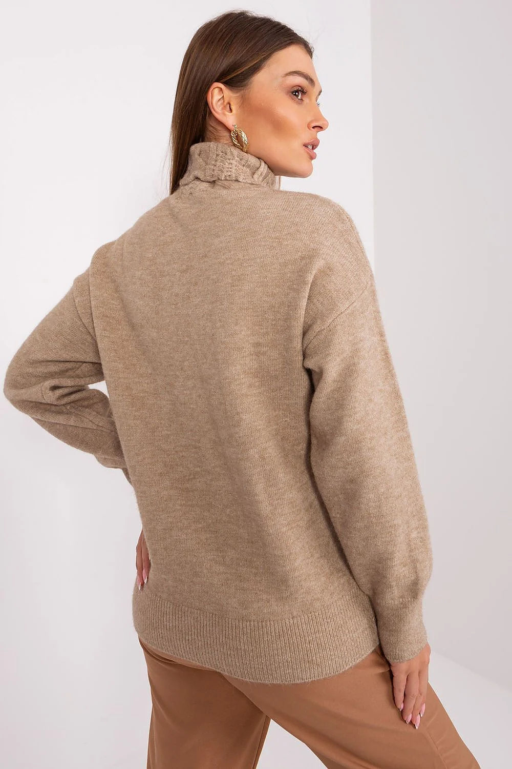 pull col roulé femme beige tricot torsadé manches longues coupe classique doux chaud confortable élégant intemporel