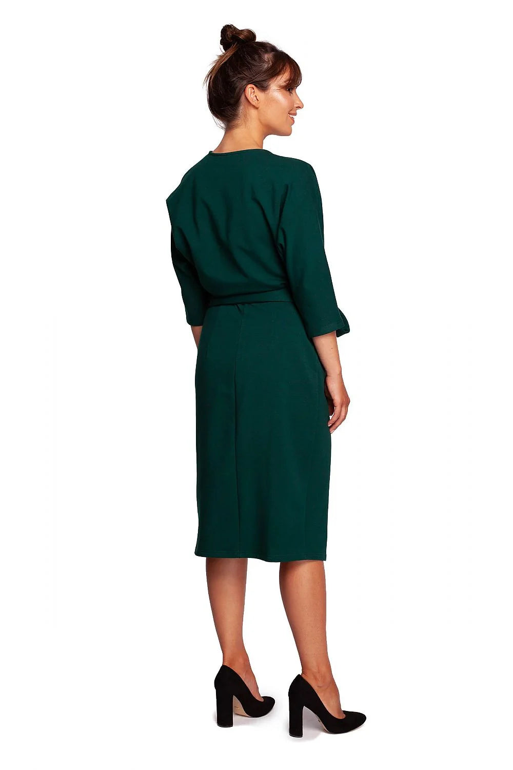 Robe de jour élégante en coton maille couleur vert émeraude portefeuille manches trois-quarts ceinture ajustable taille femme