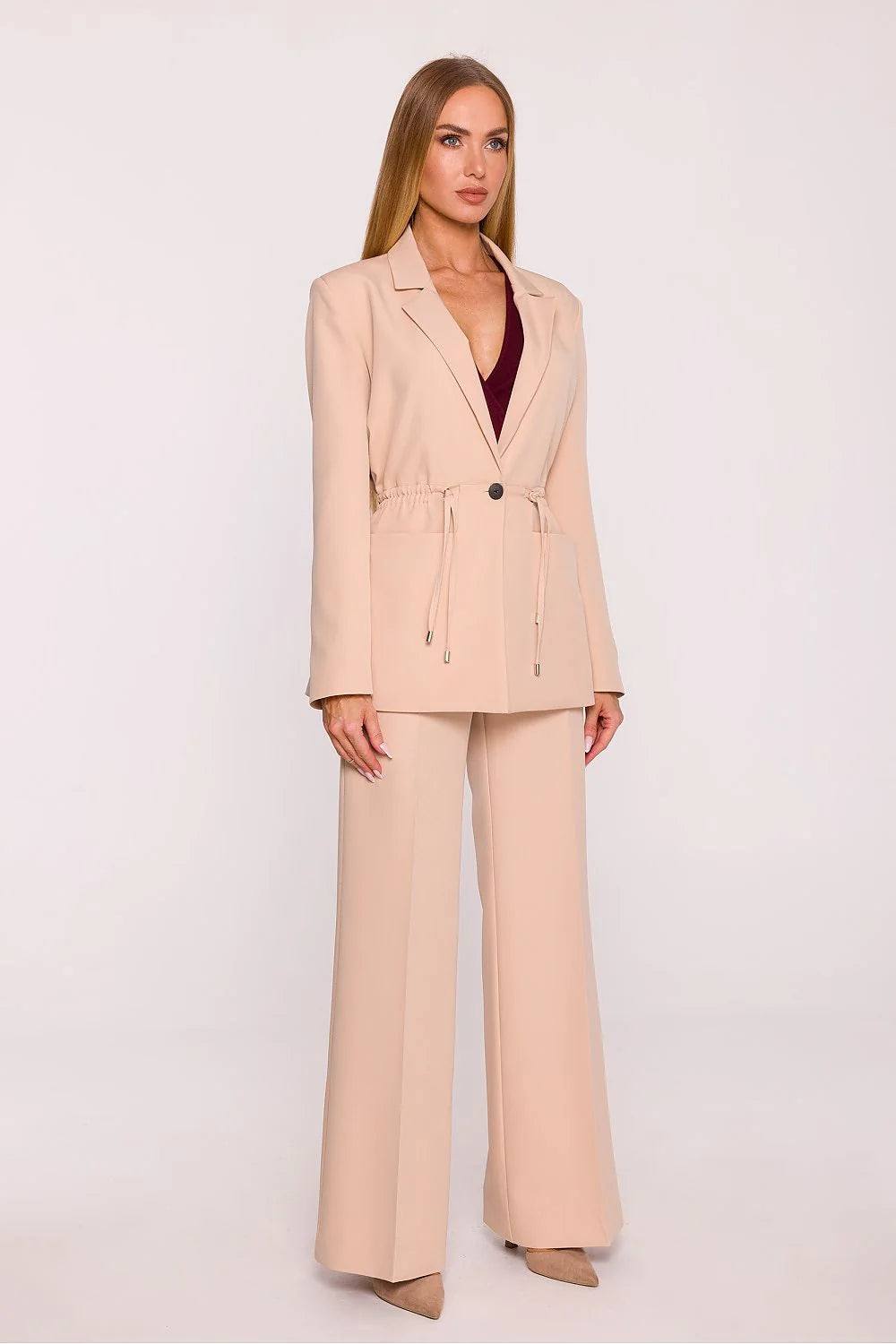 veste blazer femme beige oversize droite taille ajustable cordons métalliques col cranté boutonnière manches longues poches plaquées fluide