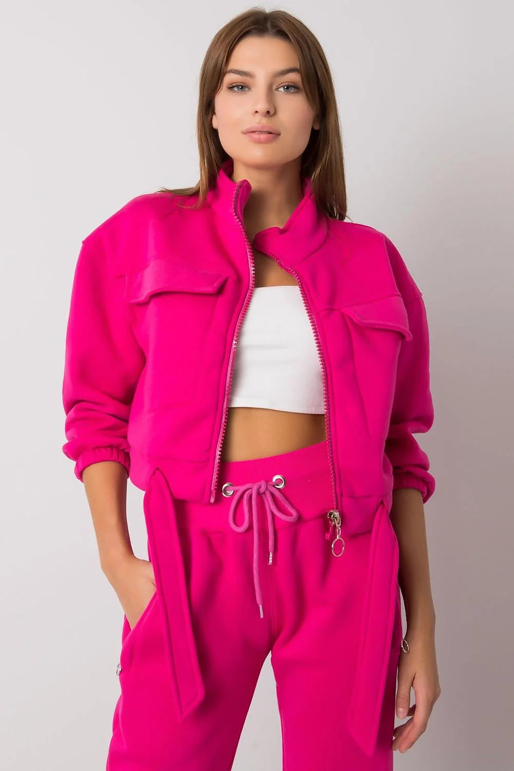 Ensemble sportif femme veste pantalon fuchsia polyester élasthanne décontracté confort poches cargo taille haute
