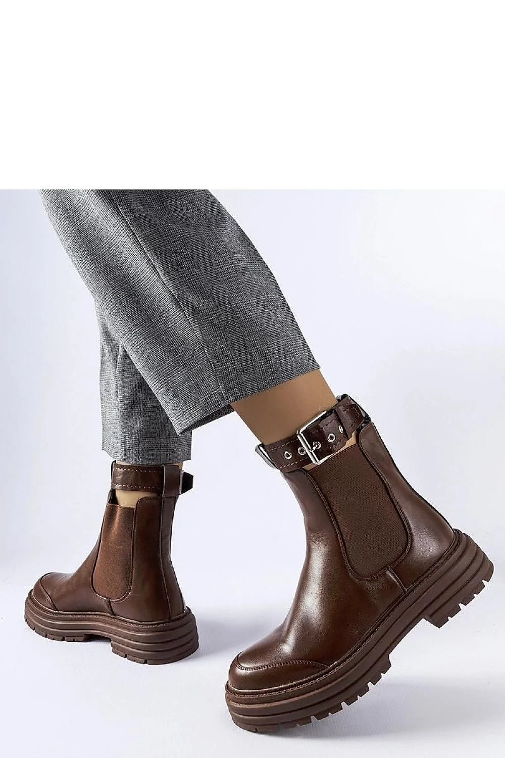 bottes chelsea femme cuir brun lisse brillante semelle caoutchouc crantée plateforme bride cheville boucle métallique élastiques latéraux