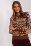 Pull AT pour femme style casual-chic maille tricotée monogramme beige brun manches longues boutons dorés