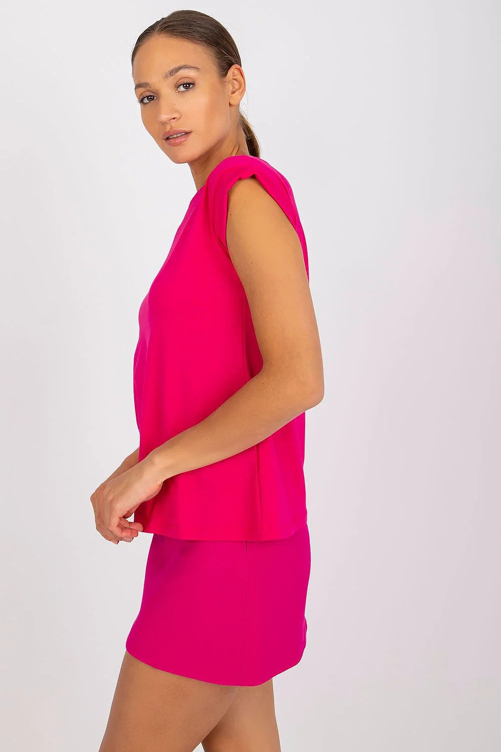 T-shirt BFG pour femme en coton élasthanne manches courtes encolure ronde style moderne minimaliste rose vif