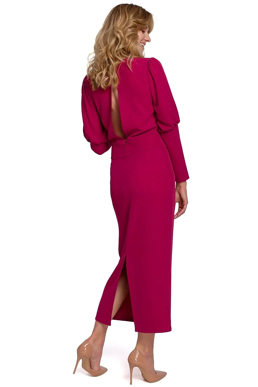 Robe midi polyester élégante violet vif manches longues ajustée classique style intemporel femmes