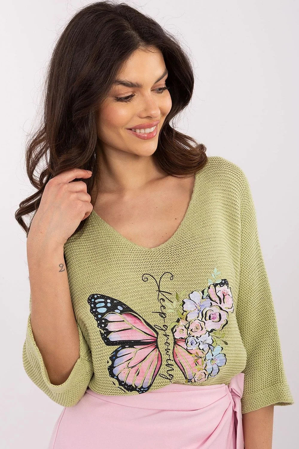 Chandail femme maille verte motif papillon fleurs manches 3/4 encolure V coton acrylique pull décontracté élégant