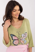Chandail femme maille verte motif papillon fleurs manches 3/4 encolure V coton acrylique pull décontracté élégant