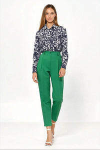 pantalon femme tailleur taille haute coupe cigarette cheville vert émeraude plis marqués passants ceinture bouton poches latérales viscose polyester élasthanne