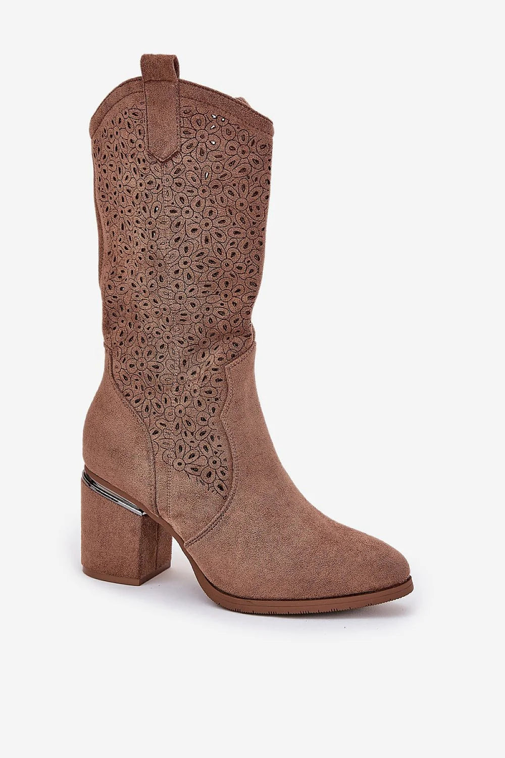 bottes femme mi mollet suédine taupe talon bloc moyen bout pointu motif floral perforé laser fermeture éclair latérale