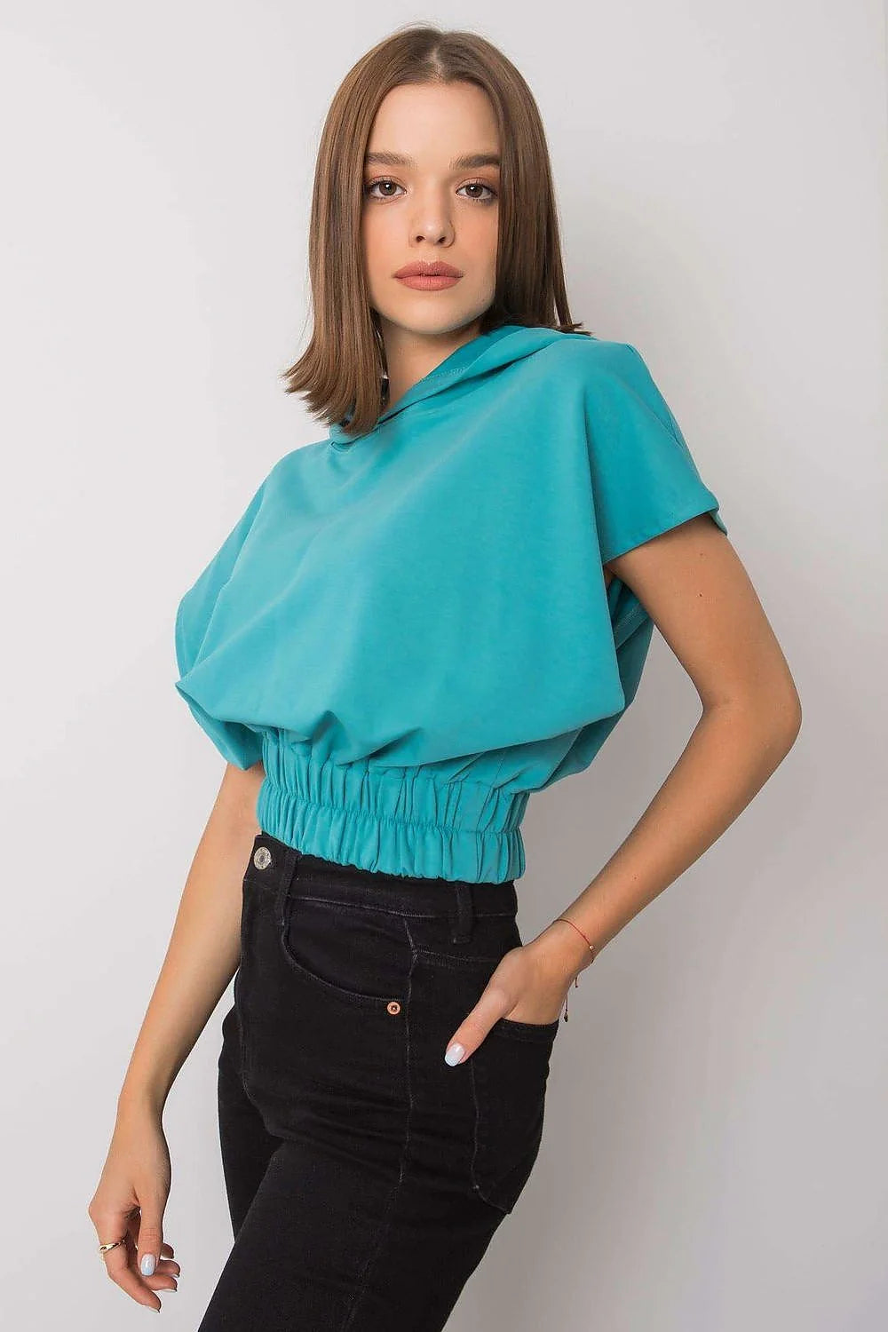 Sweatshirt femme Fancy style moderne couleur turquoise large manches courtes capuche élastique coton polyester