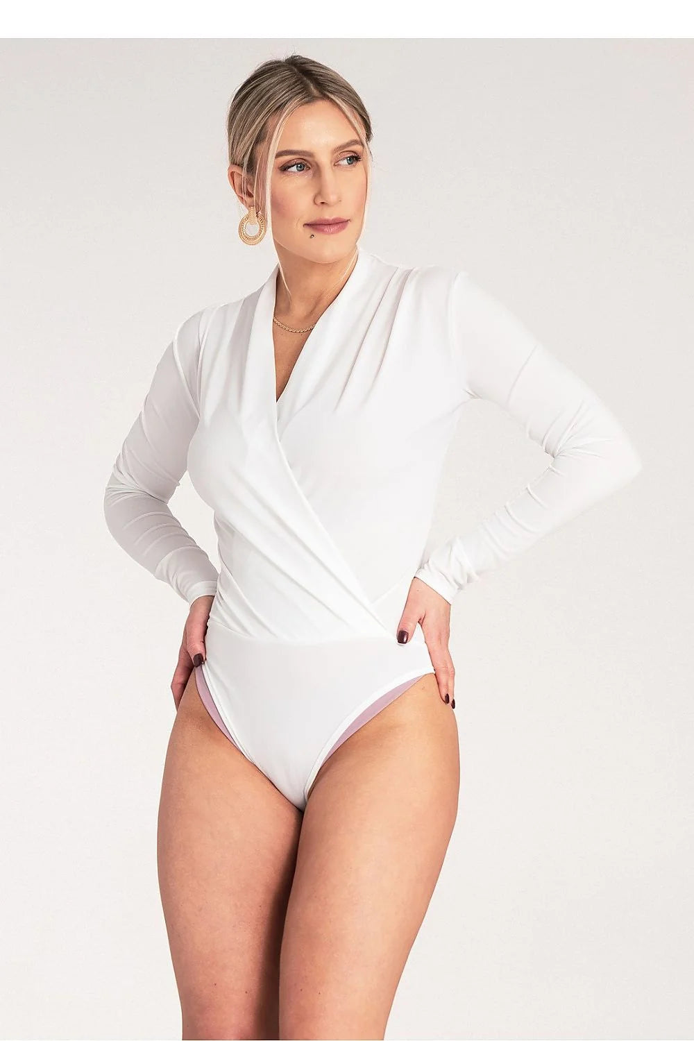 Body élégant pour femmes en blanc manches longues décolleté en V tissu extensible polyvalent jour-soir tailles S/M