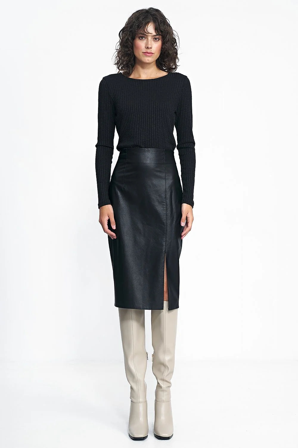 Ensemble mode femme haut manches longues jupe crayon noire cuir écologique fente devant taille haute ajustée