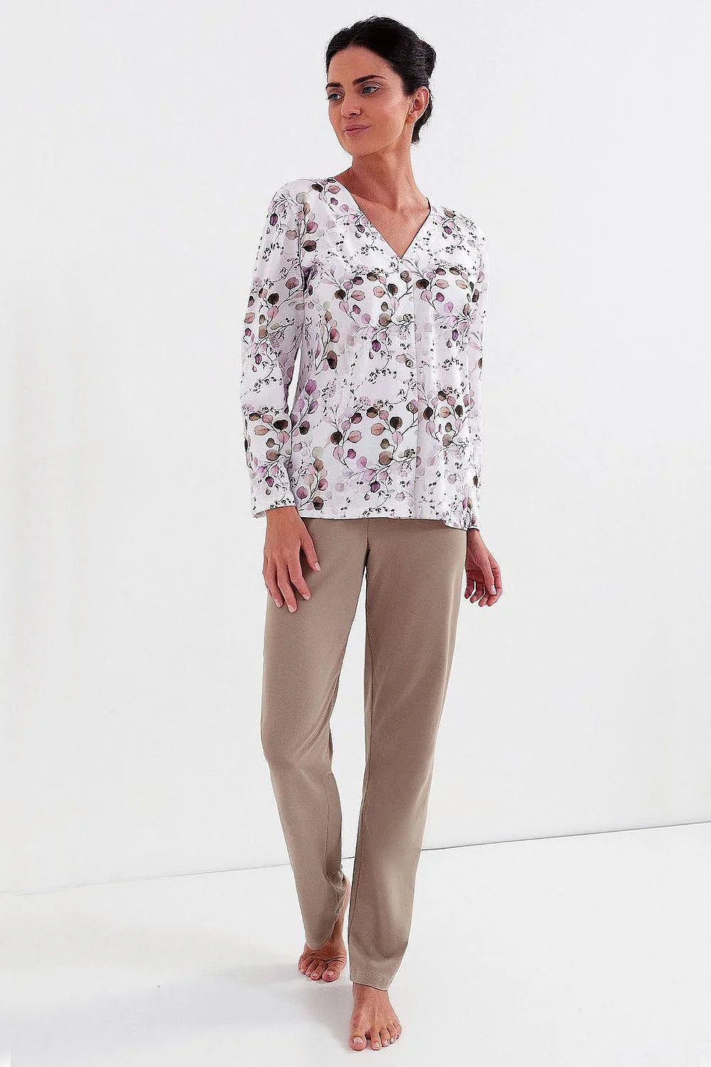 Pyjama pour femmes en coton motif floral violet vert manches longues décolleté V confortable