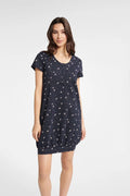 Chemise de nuit en coton bleu marine imprimé floral manches courtes encolure bateau boutons pressions femme