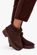 bottines femme neige daim suédé marron cheville revers bout rond plateforme crantée caoutchouc antidérapante doublure fourrure synthétique chaud confort
