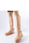 Bottes hautes cuir synthétique modernes élégantes beige avec fermeture éclair chaîne et semelle épaisse