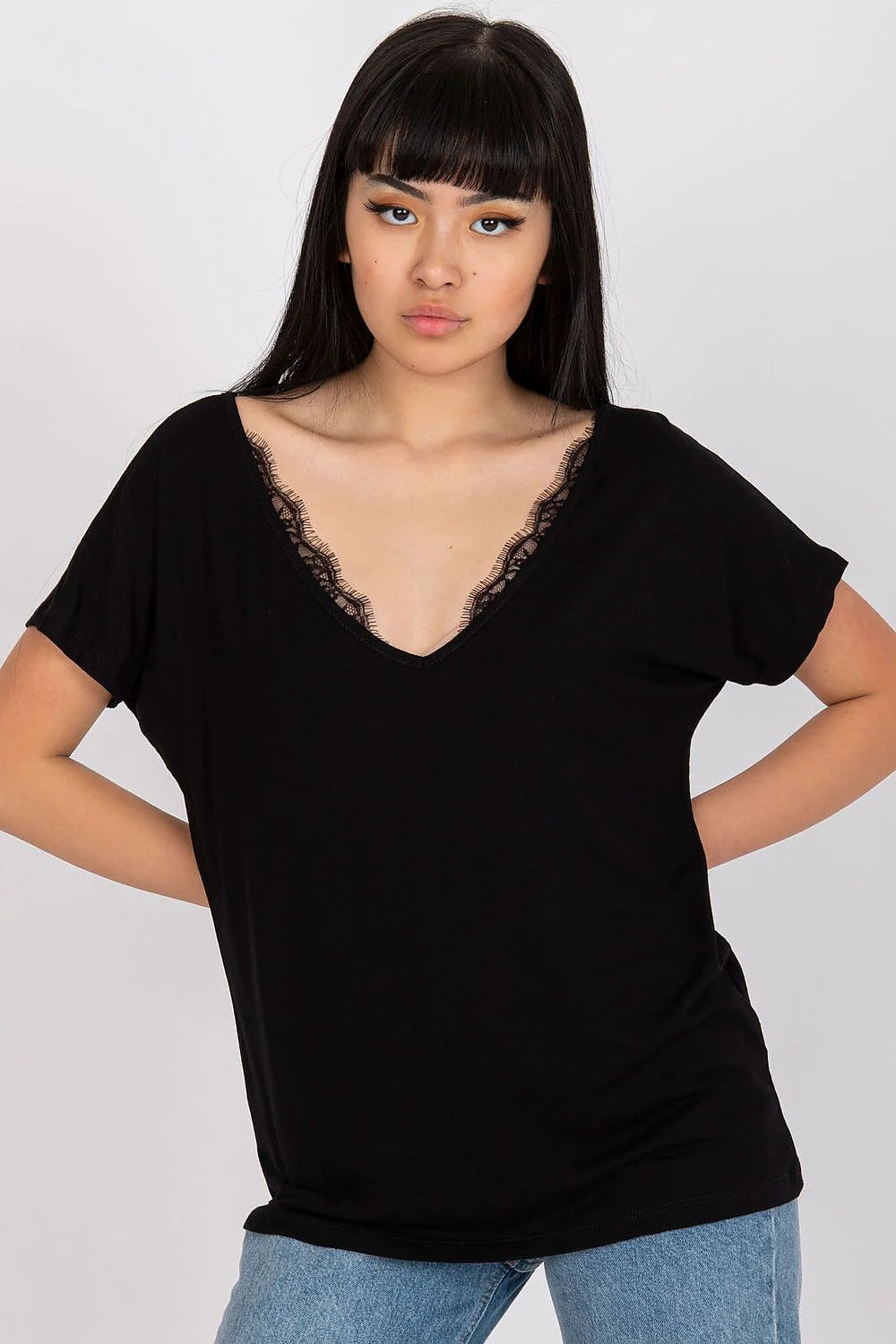 T-shirt BFG élégant pour femme en viscose élasthanne manches courtes encolure V dentelle noire taille ajustable polyvalent occasion jour soir
