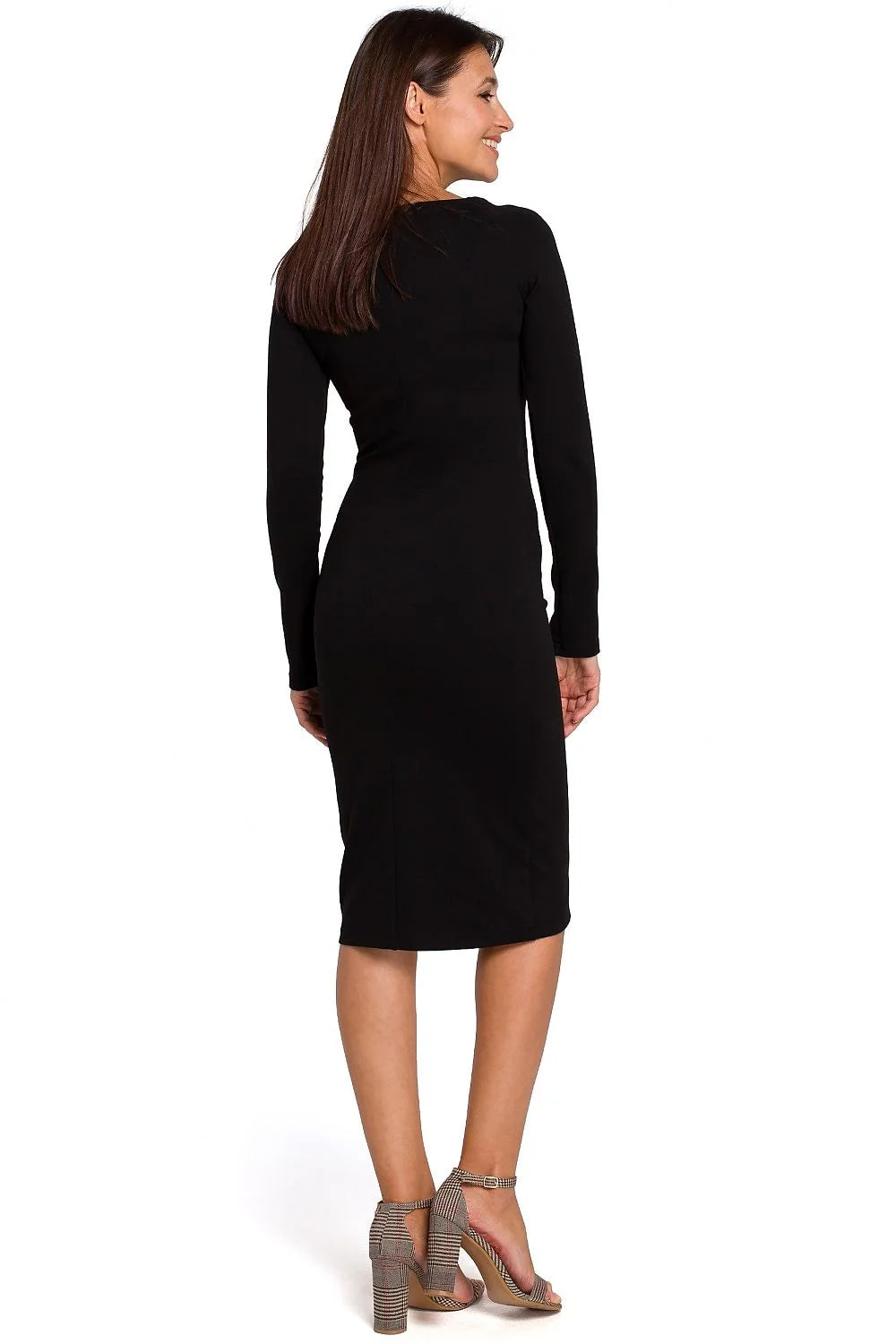 Robe noire femme style bodycon longueur midi manches longues design minimaliste élégant