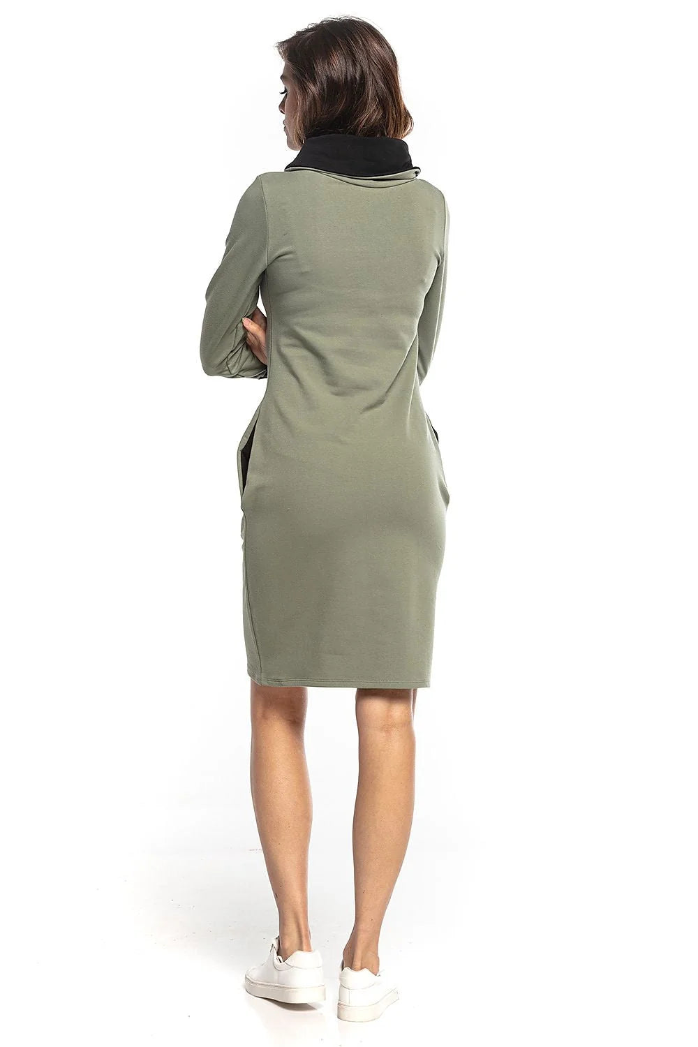 Robe en maille coton casual chic noire rose ajustée confortable manches longues avec poches femmes
