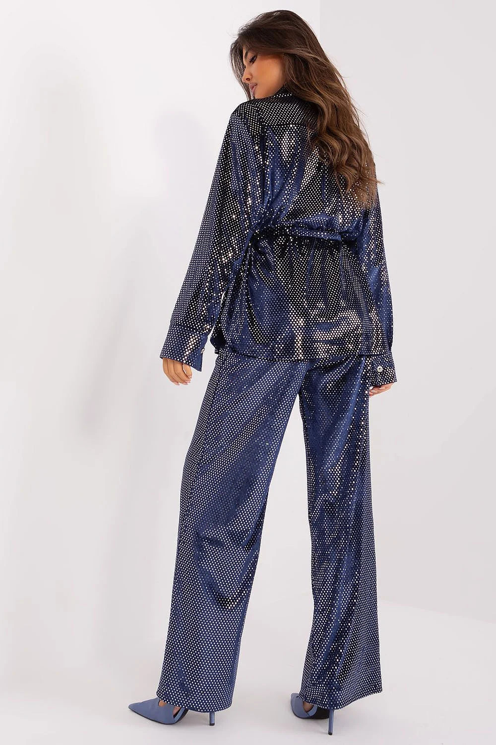Ensemble Lakerta chemise manches longues pantalon large style chic moderne tissu brillant motifs pailletés bleu nuit soirées événements