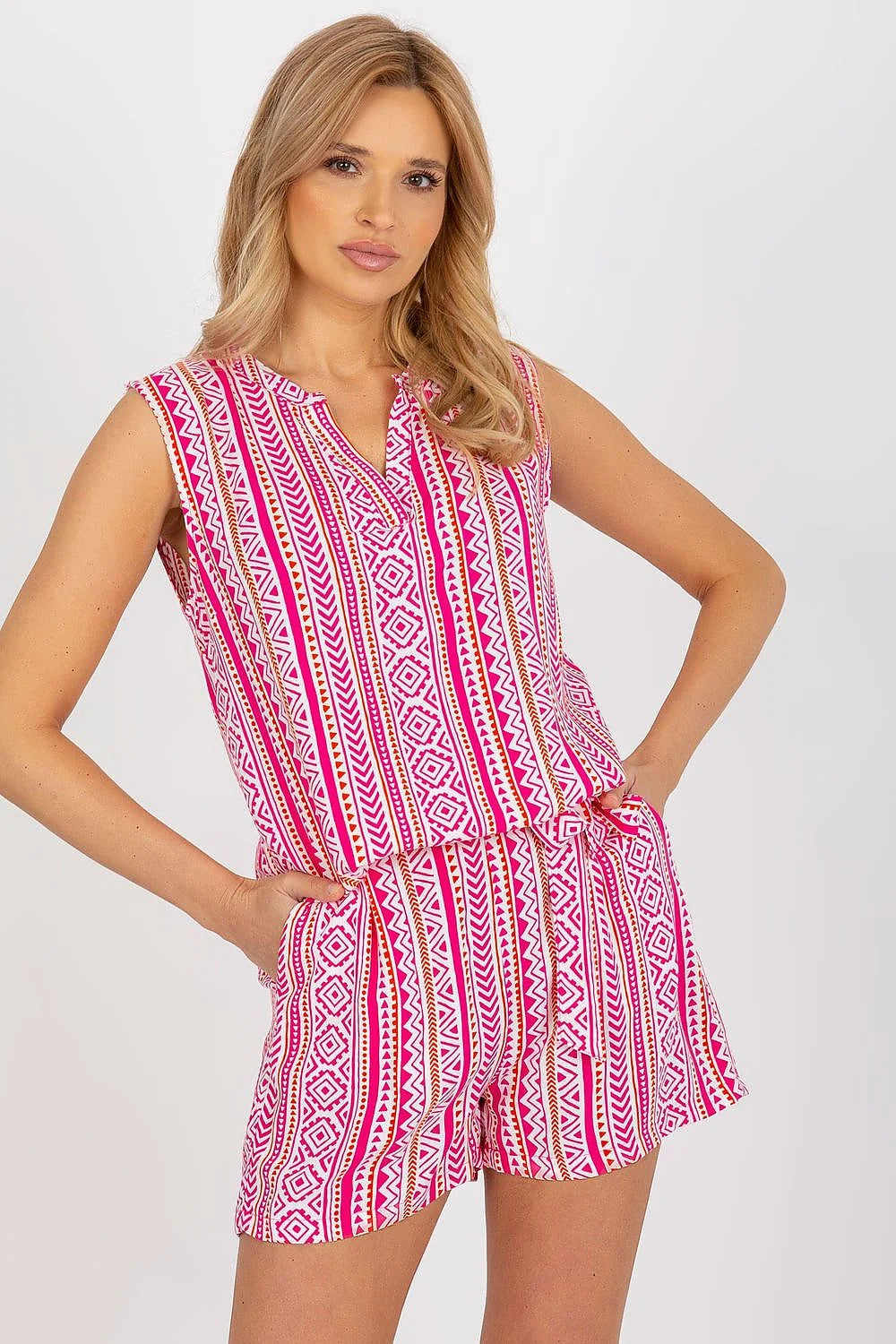 Chemisier écologique boho sans manches col V en viscose naturelle femme style estival veste légère motifs géométriques