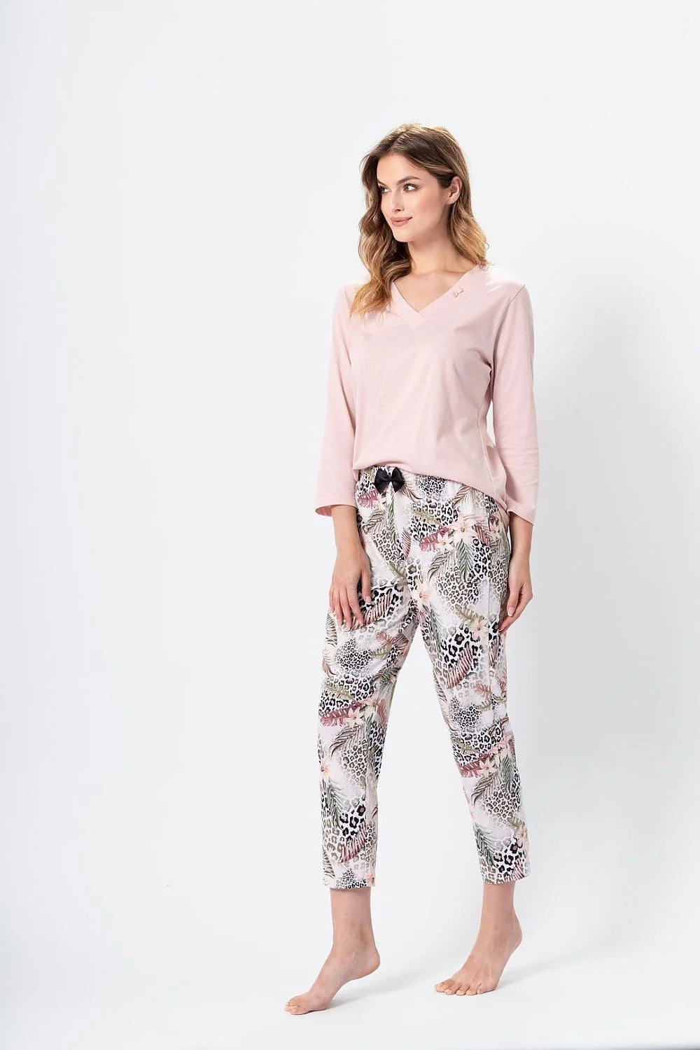 pyjama femme MMax pièces haut colV manches longues rose pâle coton doux pantalon cropped taille élastique imprimé léopardfeuillage