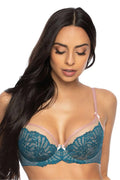 Soutien-gorge féminin en dentelle et tulle design raffiné couleur bleu pétrole et rose pâle coupe balconnet bretelles réglables nœuds décoratifs maintien optimal lingerie luxe