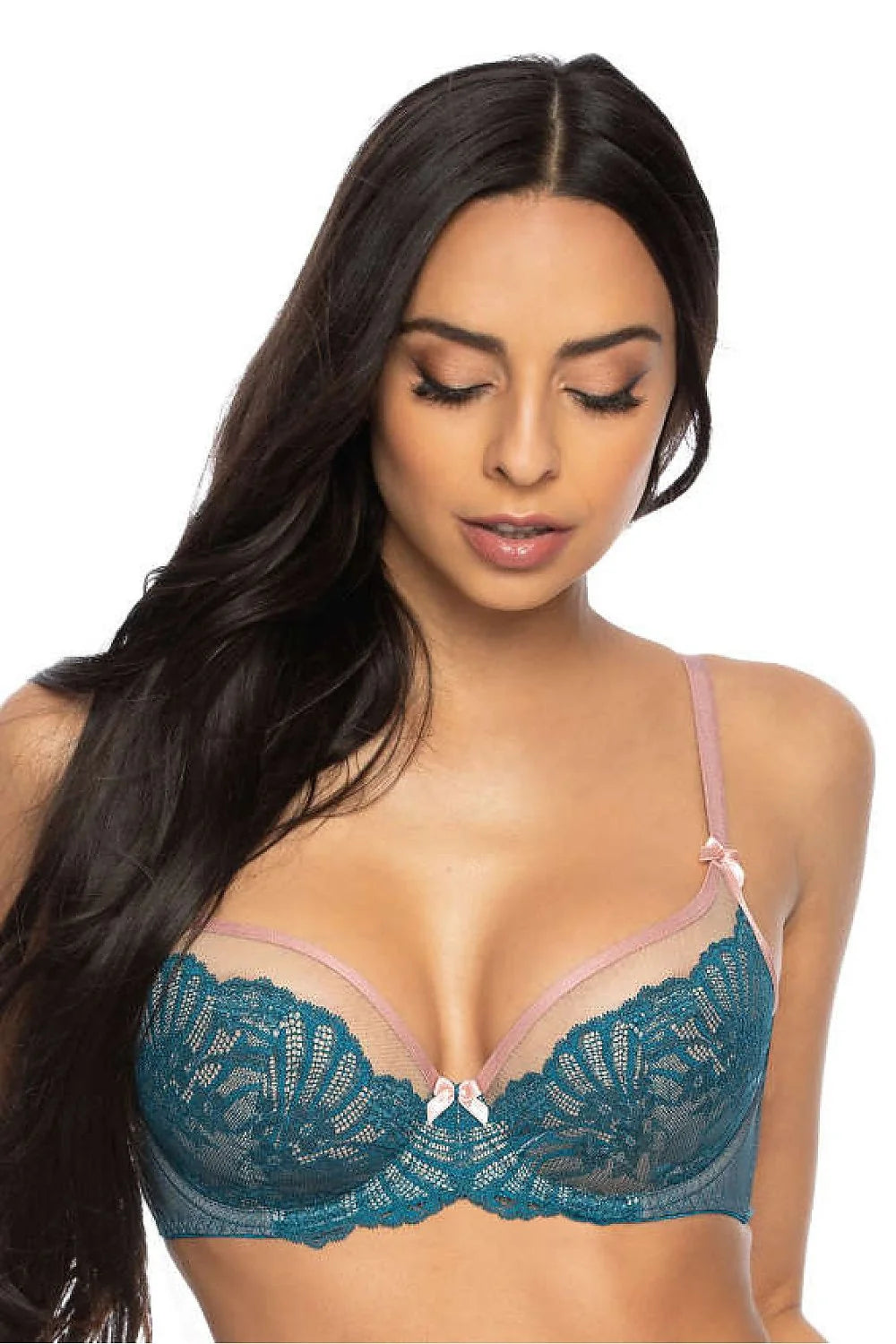 Soutien-gorge féminin en dentelle et tulle design raffiné couleur bleu pétrole et rose pâle coupe balconnet bretelles réglables nœuds décoratifs maintien optimal lingerie luxe