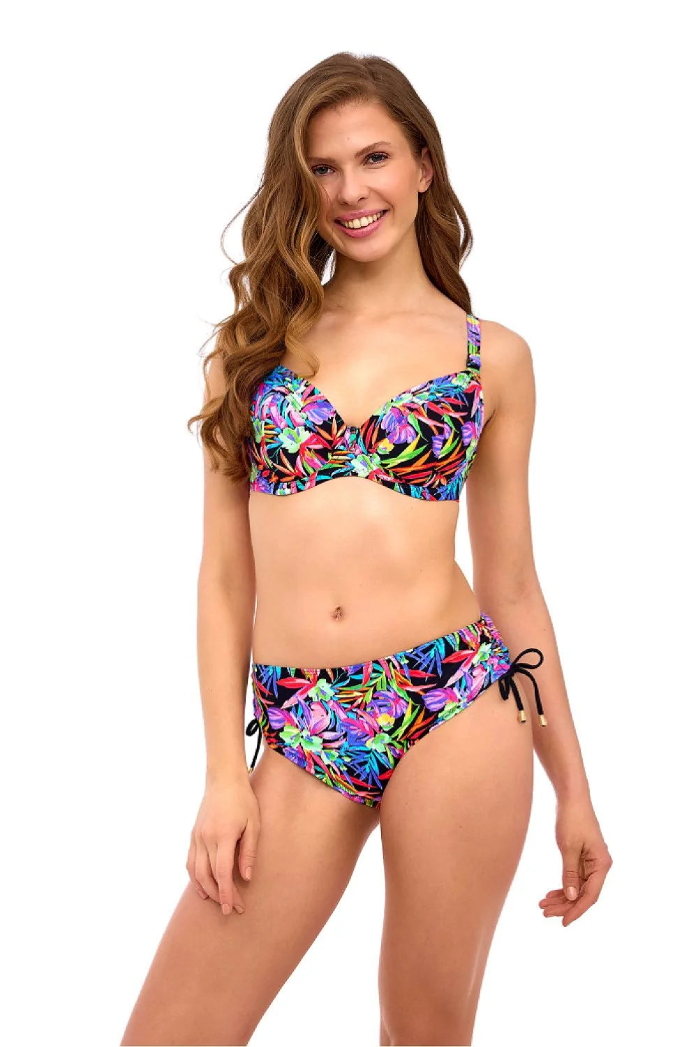 Maillot de bain deux pièces femme motif floral tropical couleurs vives nylon elasthanne soutien-gorge brassière bretelles larges bas ajustable liens noirs