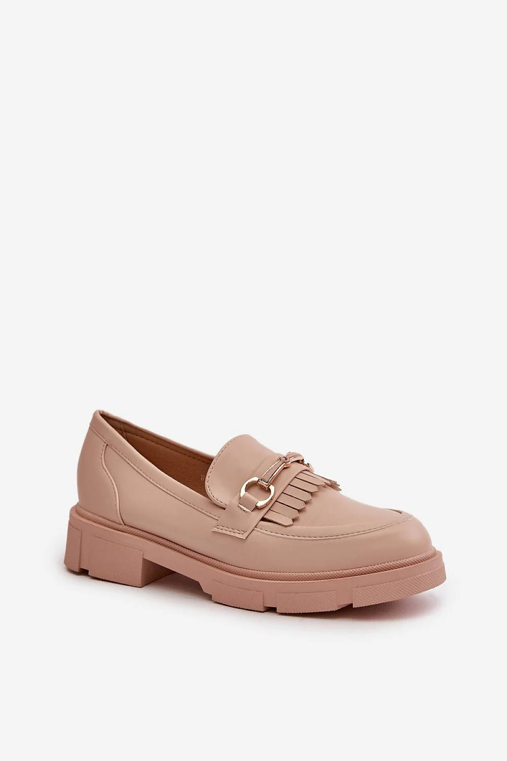Moccasins Step in style cuir artificiel doré franges beige nude talon 4cm semelle épaisse femmes printemps automne