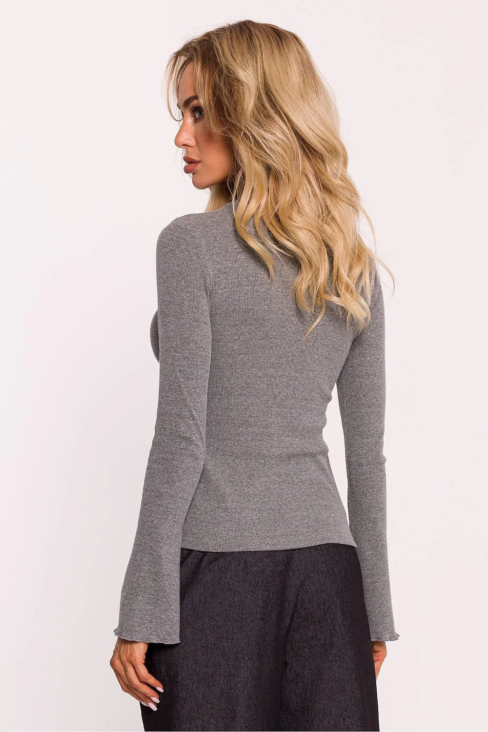 Chemisier ajusté en tricot côtelé coton élasthanne polyester manches longues évasées bordure décorative taille ajustable femme