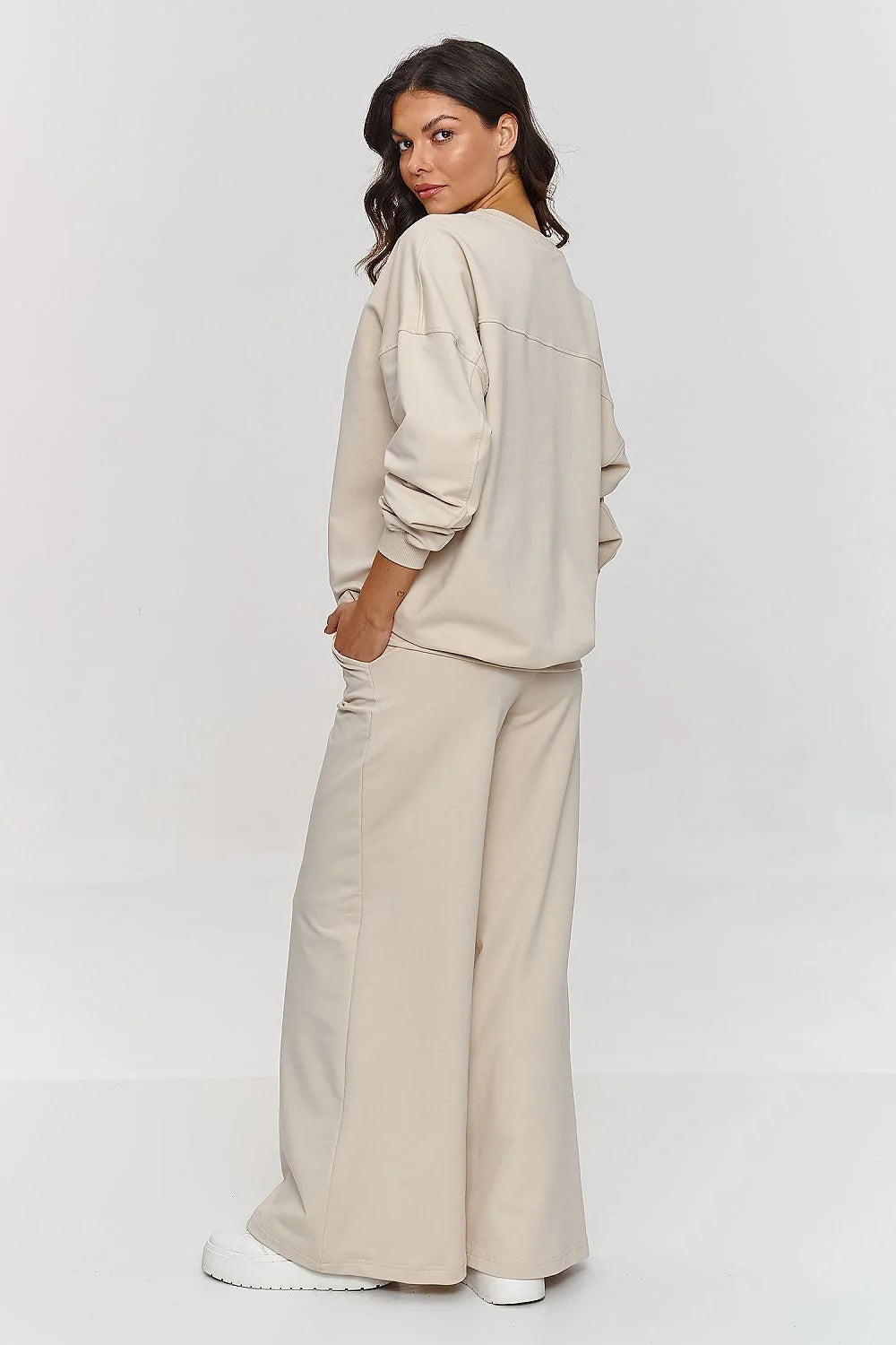 ensemble Makadamia femme oversize sweatshirt col rond pantalon palazzo taille haute coton molletonnée sable crème